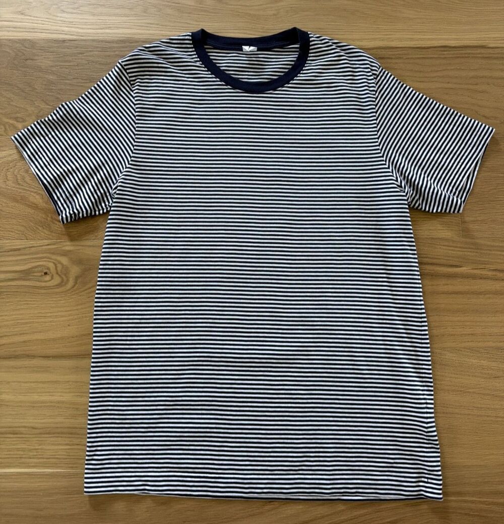 Arket Men M Navy Blue White Stripe 100% Cotton Jersey T-shirt Casual Nautical